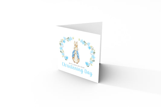 Christening Day Card for Boy – Blue Bunny Floral Wreath Design – With Love on Your Christening Day Religious Baptism Christening Card for Boys, Son, Grandson, Nephew with Blue Envelope