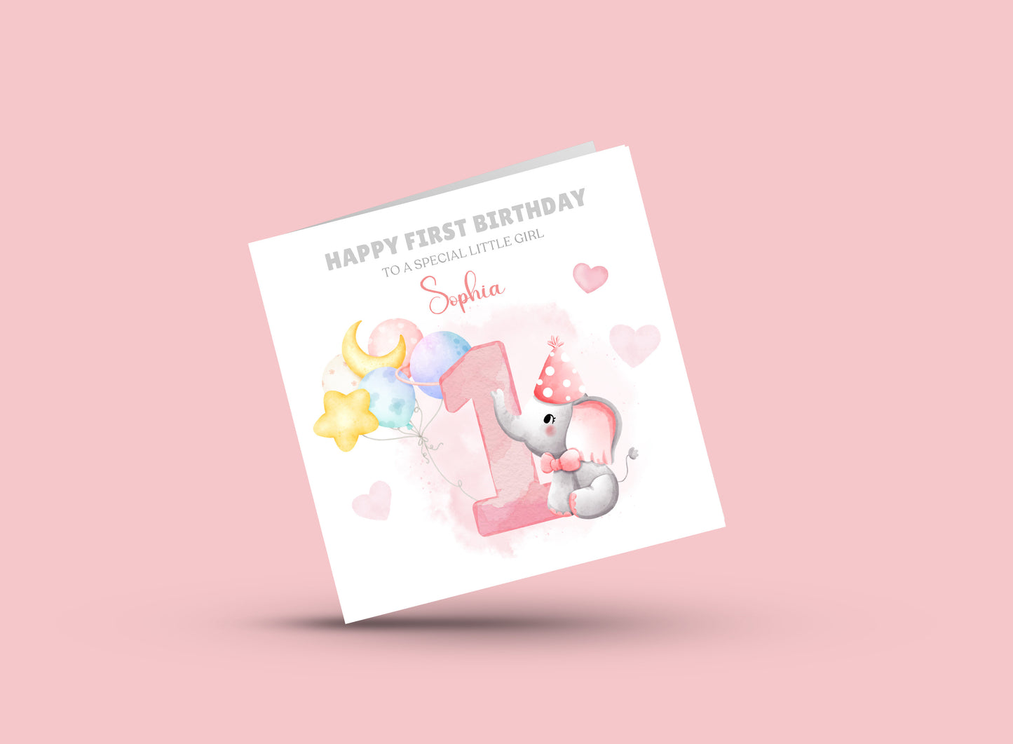 Elephant -Personalised Watercolour Effect 1 Year Birthday Folded Card for Girls, Custom Name and Message One- Year Old Happy 1st Birthday Card, Customisable Birthday Card