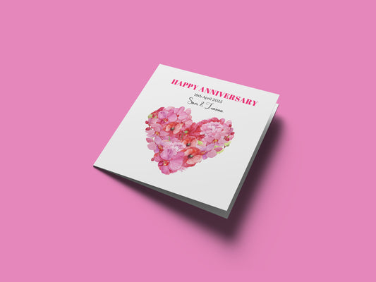 Personalized Wedding Anniversary Card – Romantic Heart-Shaped Floral Design with Customised Names and Date– for Couples, Husband, Wife, Loved Ones, Engagement, 1st Date – Pink Envelope Included
