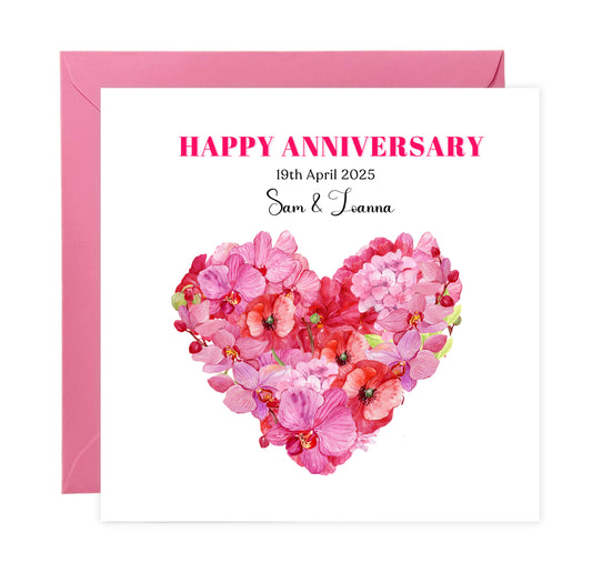 Personalized Wedding Anniversary Card – Romantic Heart-Shaped Floral Design with Customised Names and Date– for Couples, Husband, Wife, Loved Ones, Engagement, 1st Date – Pink Envelope Included