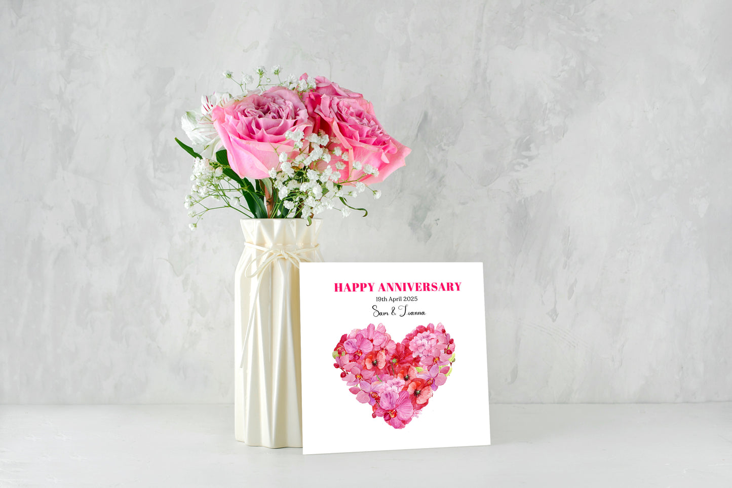 Personalized Wedding Anniversary Card – Romantic Heart-Shaped Floral Design with Customised Names and Date– for Couples, Husband, Wife, Loved Ones, Engagement, 1st Date – Pink Envelope Included