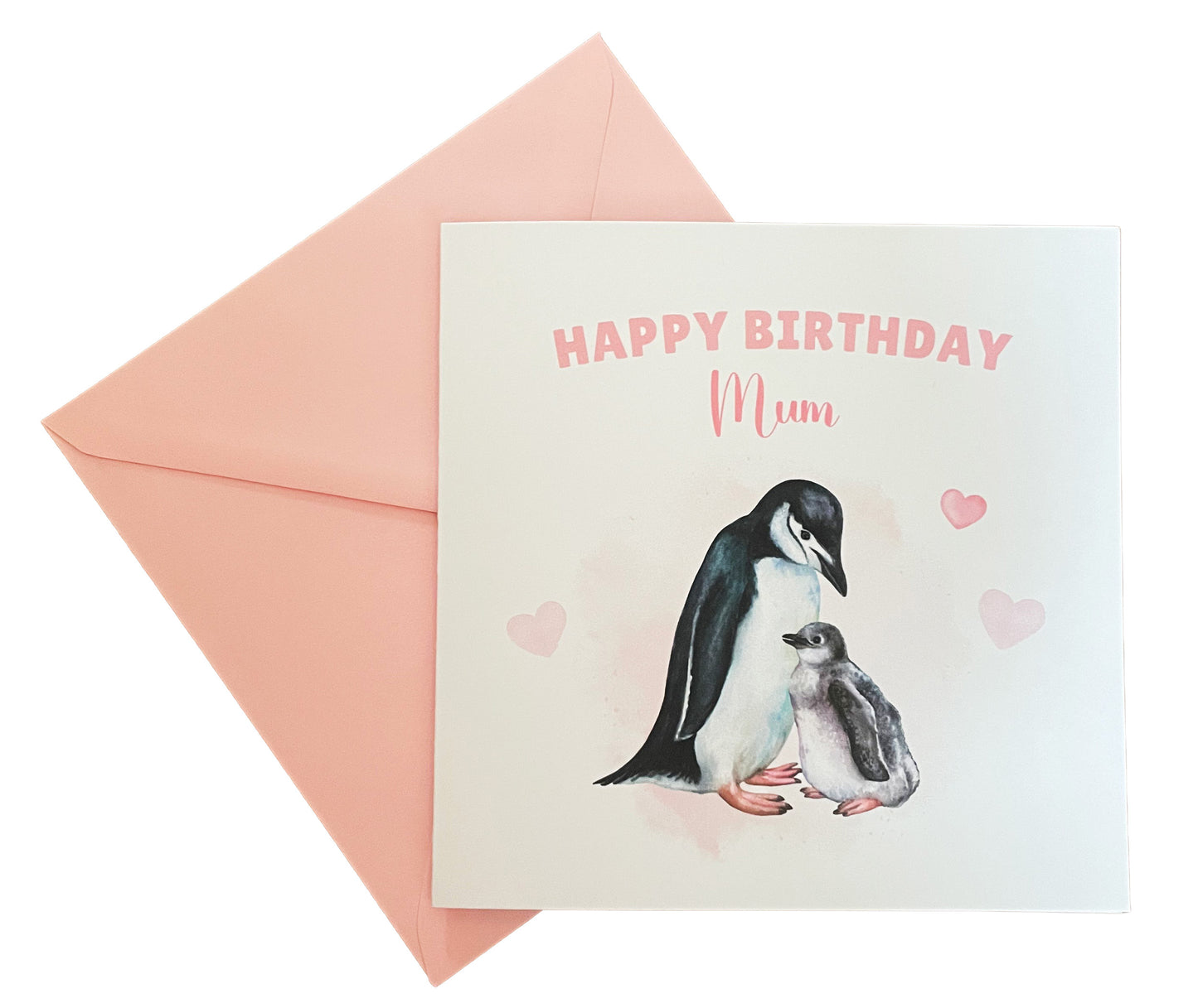 Penguin Birthday Card – Cute Mother & Baby Watercolour Design – Handmade Card for Mum, Mummy or Mam – Pink Envelope Included