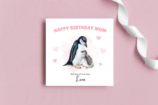 Personalised Mum Birthday Card – Cute Penguin Mother & Baby Watercolour Design – Custom Name & Message – Handmade Birthday Card for Mum, Mummy, Mam – Pink Envelope Included