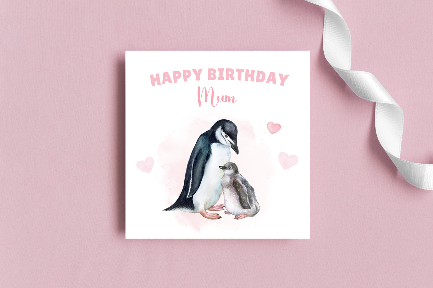 Penguin Birthday Card – Cute Mother & Baby Watercolour Design – Handmade Card for Mum, Mummy or Mam – Pink Envelope Included