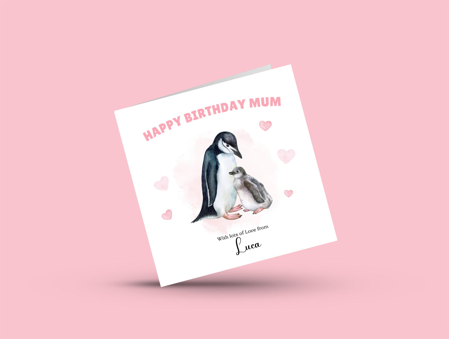 Personalised Mum Birthday Card – Cute Penguin Mother & Baby Watercolour Design – Custom Name & Message – Handmade Birthday Card for Mum, Mummy, Mam – Pink Envelope Included