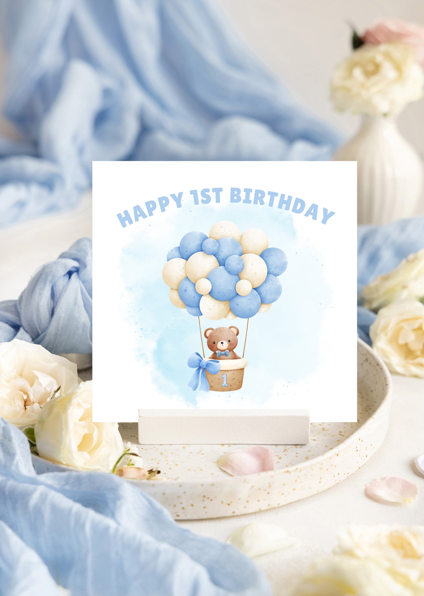 Teddy Bear in a Hot Balloon - 1st Birthday Card for Baby Boy – Cute Rabbit with a big Number 1 Design – Watercolour First Birthday Card for Son, Grandson, Nephew, Children's Birthday Card – Blue Envelope Included