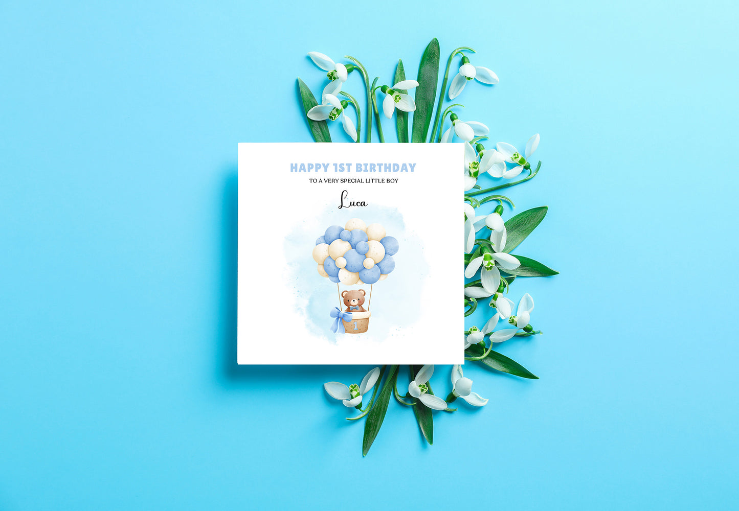 Bear in a Hot Ballon -Personalised Watercolour Effect 1 Year Birthday Folded Card for Boys, Custom Name and Message One- Year-Old Happy 1st Birthday Card, Customisable Birthday Card for Children