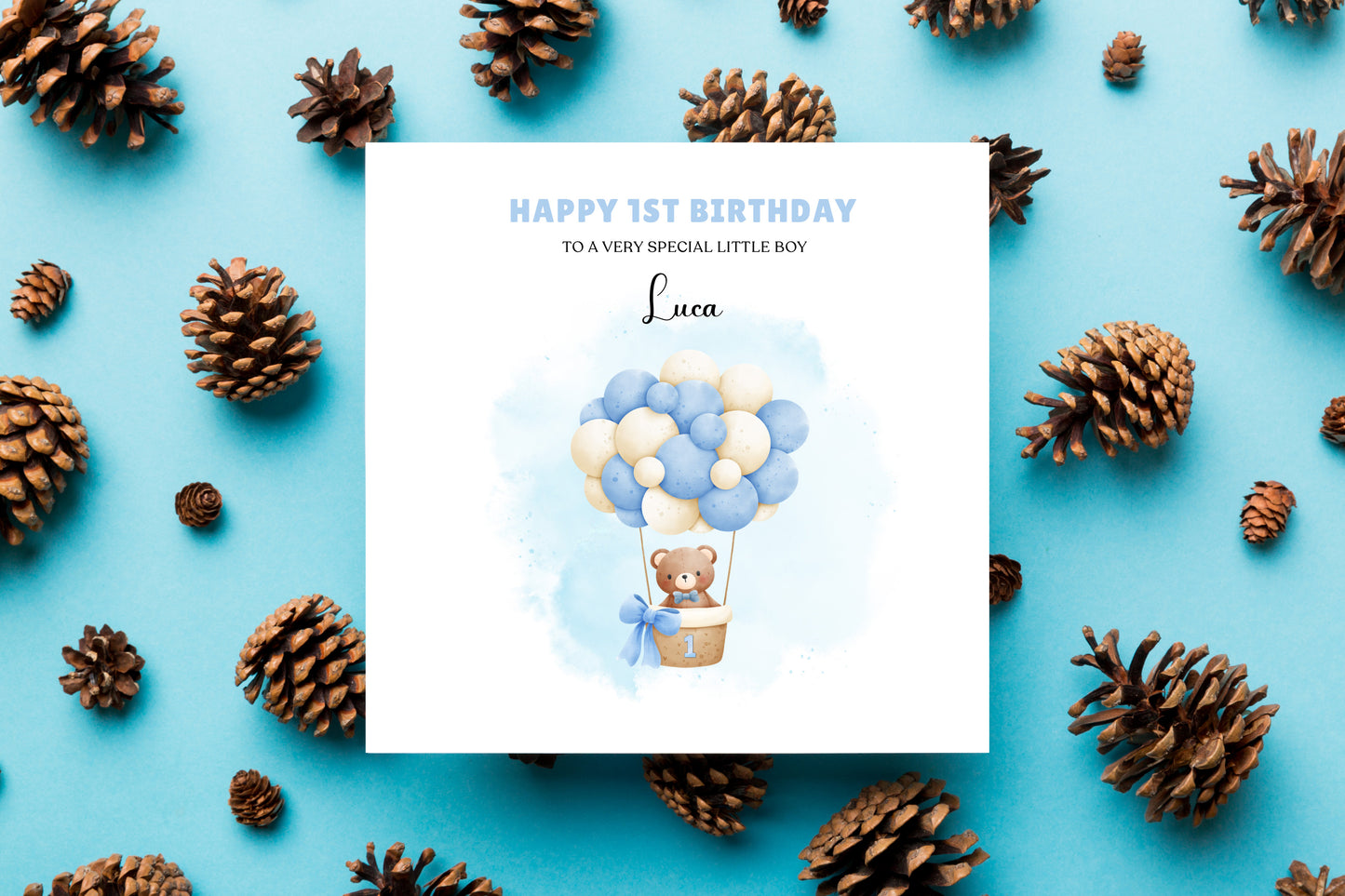 Bear in a Hot Ballon -Personalised Watercolour Effect 1 Year Birthday Folded Card for Boys, Custom Name and Message One- Year-Old Happy 1st Birthday Card, Customisable Birthday Card for Children