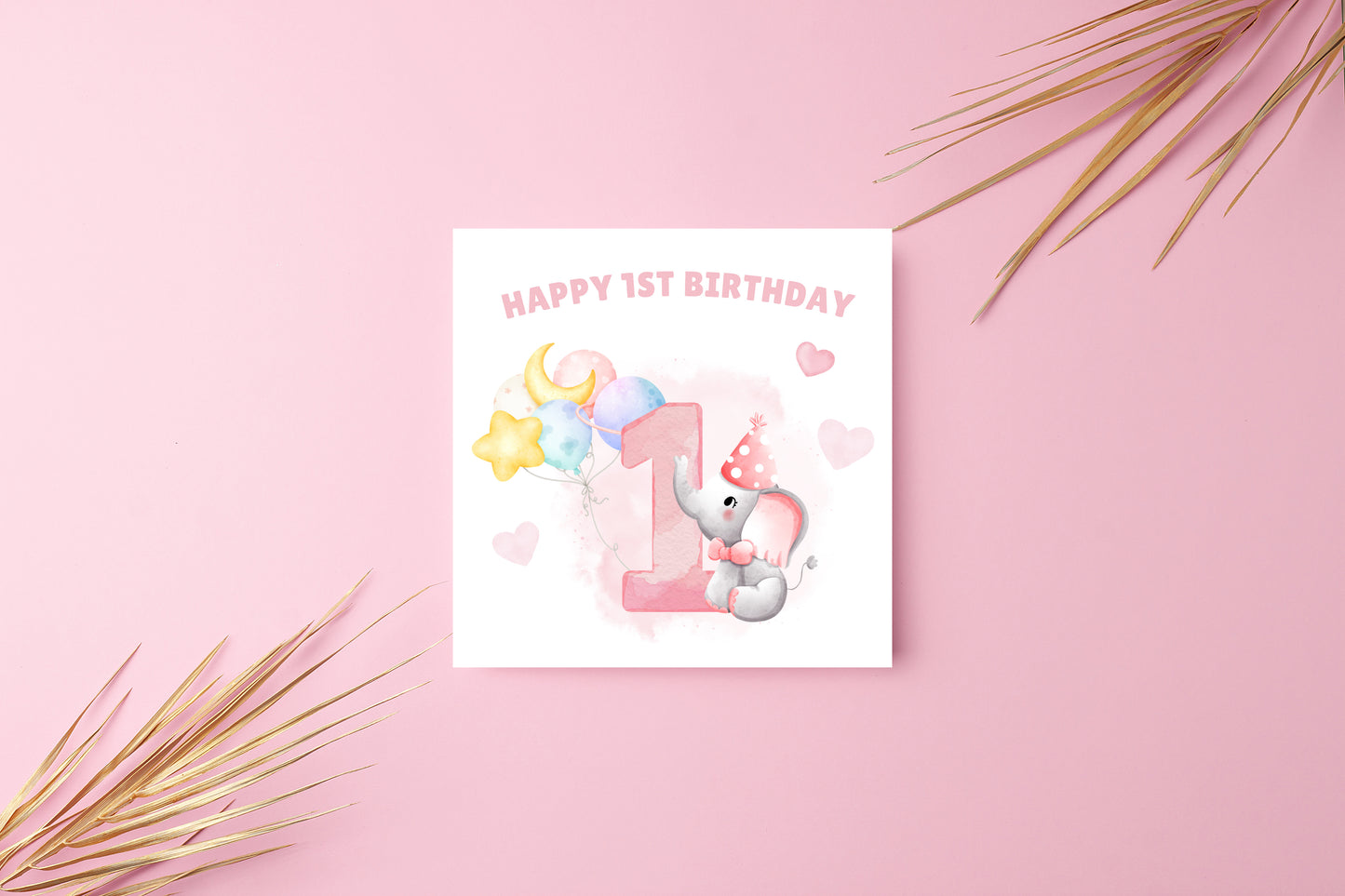 Cute Elephant Watercolour Effect 1 Year Birthday Folded Card for Baby Girls, Happy 1st One Year Old Birthday Card