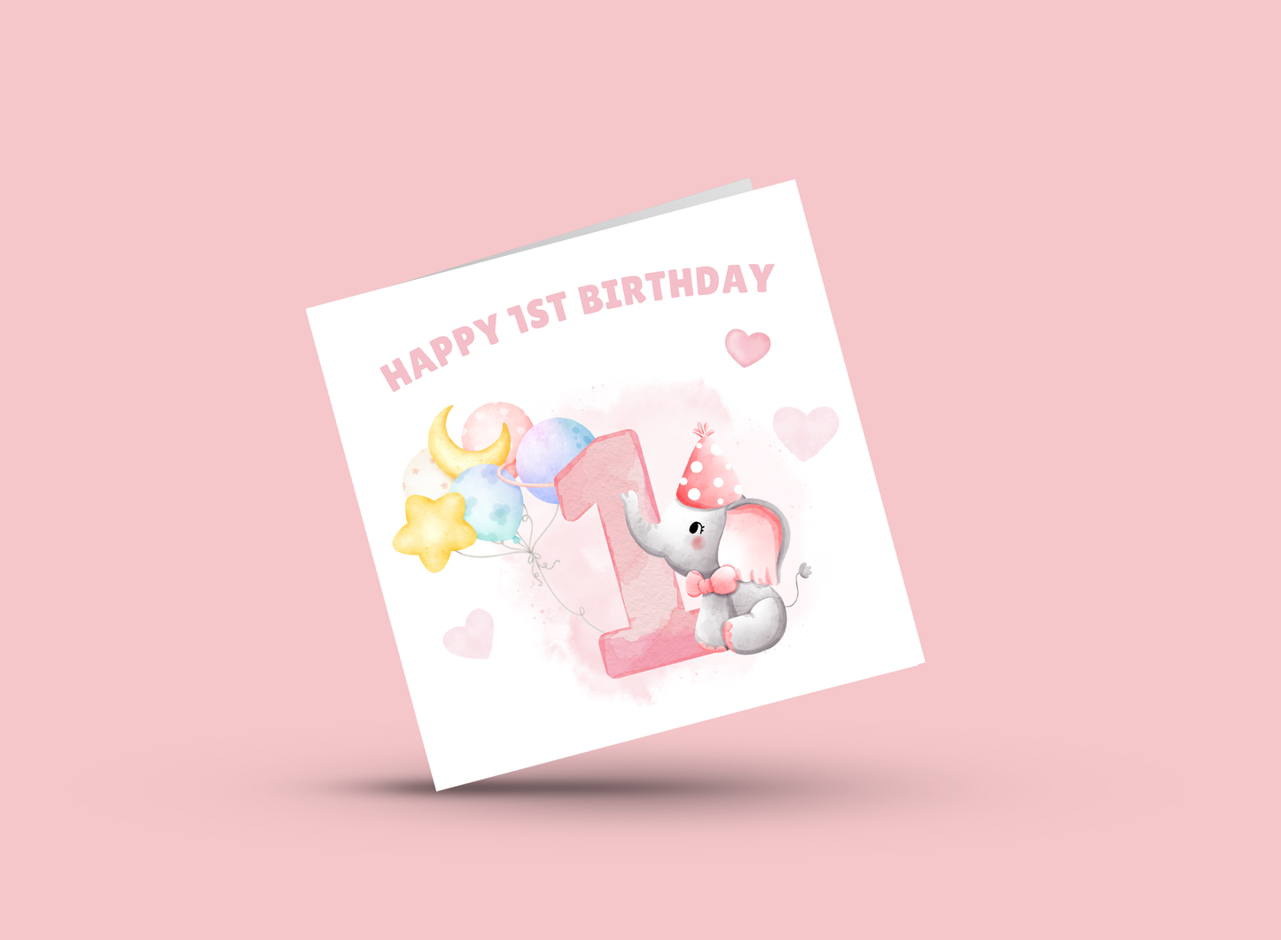 Cute Elephant Watercolour Effect 1 Year Birthday Folded Card for Baby Girls, Happy 1st One Year Old Birthday Card