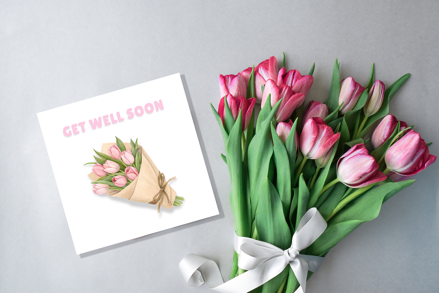 Get Well Soon Card - Beautiful Tulip Bouquet Greeting Card - Beautiful Floral Design - Recovery, Thinking of you, Sympathy Card with Pink Envelope for Her, Mom, Friend and Loved Ones