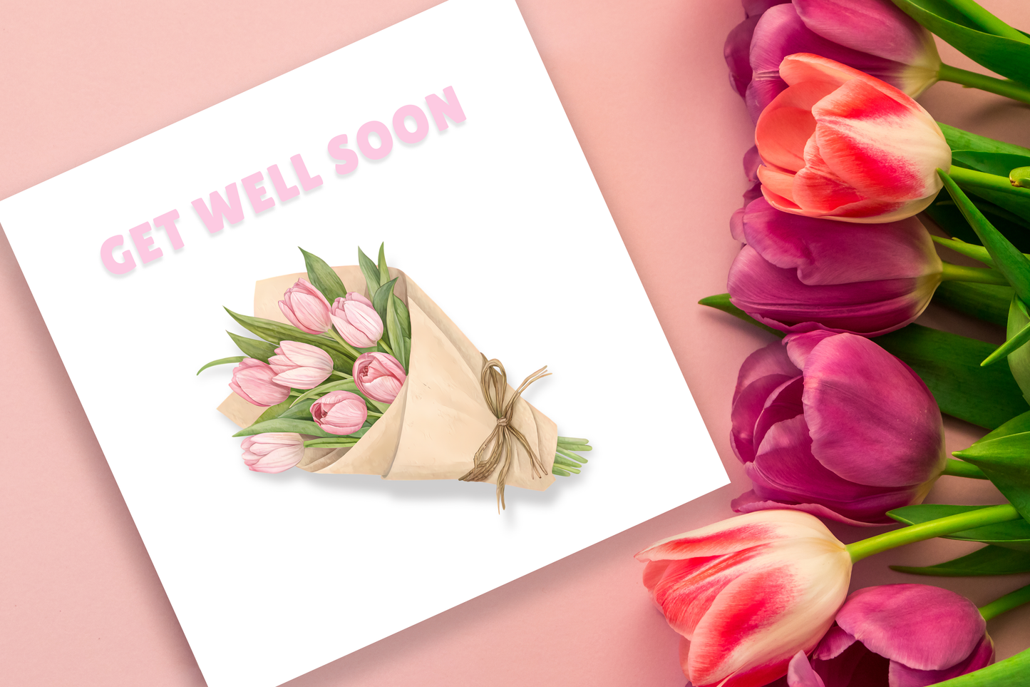Get Well Soon Card - Beautiful Tulip Bouquet Greeting Card - Beautiful Floral Design - Recovery, Thinking of you, Sympathy Card with Pink Envelope for Her, Mom, Friend and Loved Ones