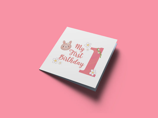 1st Birthday Card for Baby Girl – Cute Rabbit & Flowers Design – Watercolour Bunny One Year Old First Birthday Card for Girl, Little One, Daughter, Granddaughter, Niece – Pink Envelope Included