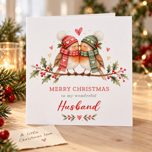 Cute Robin Couple Christmas Card for Husband – Merry Christmas My Wonderful Husband