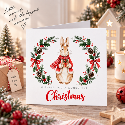 Red Rabbit and Wreath Christmas Card – Wishing You a Wonderful Christmas