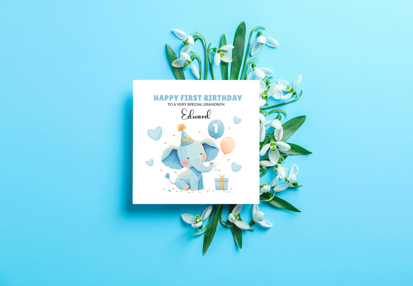 Personalised 1st Birthday Card for Baby Boy – Cute Blue Elephant Design with Custom Name and Message, Watercolour One Year Old First Birthday Card for Son, Grandson, Nephew– Blue Envelope Included