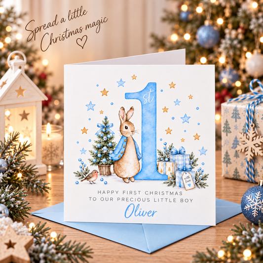 Personalised Christmas Card for Baby Boys – Cute Blue Rabbit and Number 1