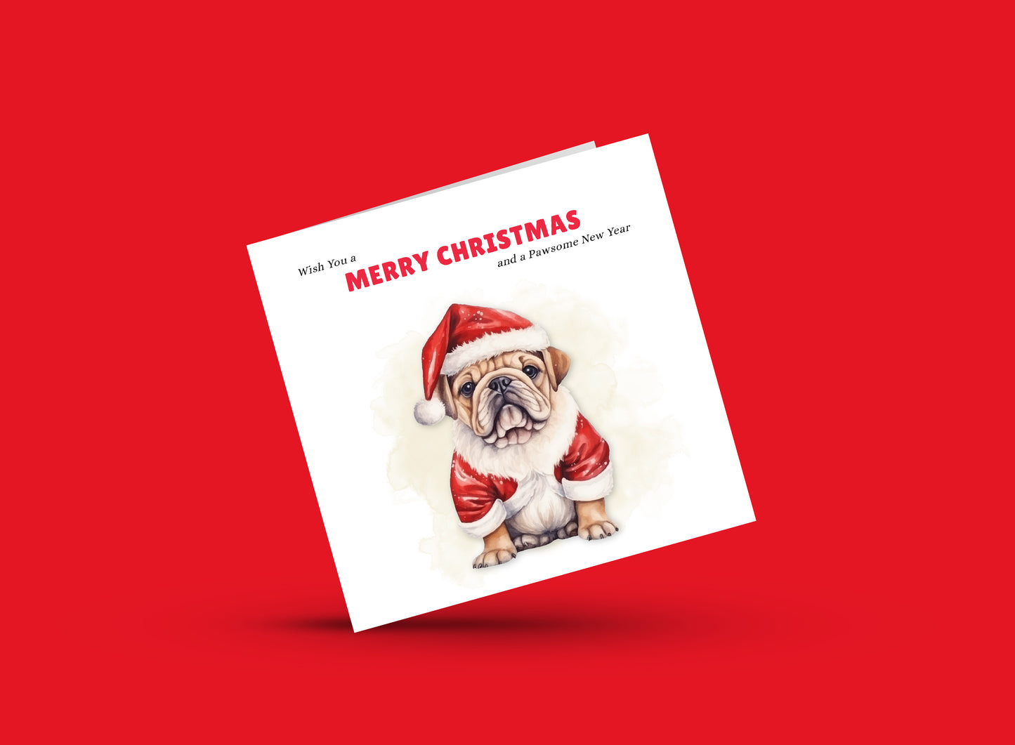 Merry Christmas Bulldog Xmas Greeting Card β Cute Dog in Santa Suit β Wish You Merry Christmas and a Pawsome New Year Card, Pun Xmas Card for Mum, Dad, Boyfriend, Girlfriend, Loved One β Red Envelope Included