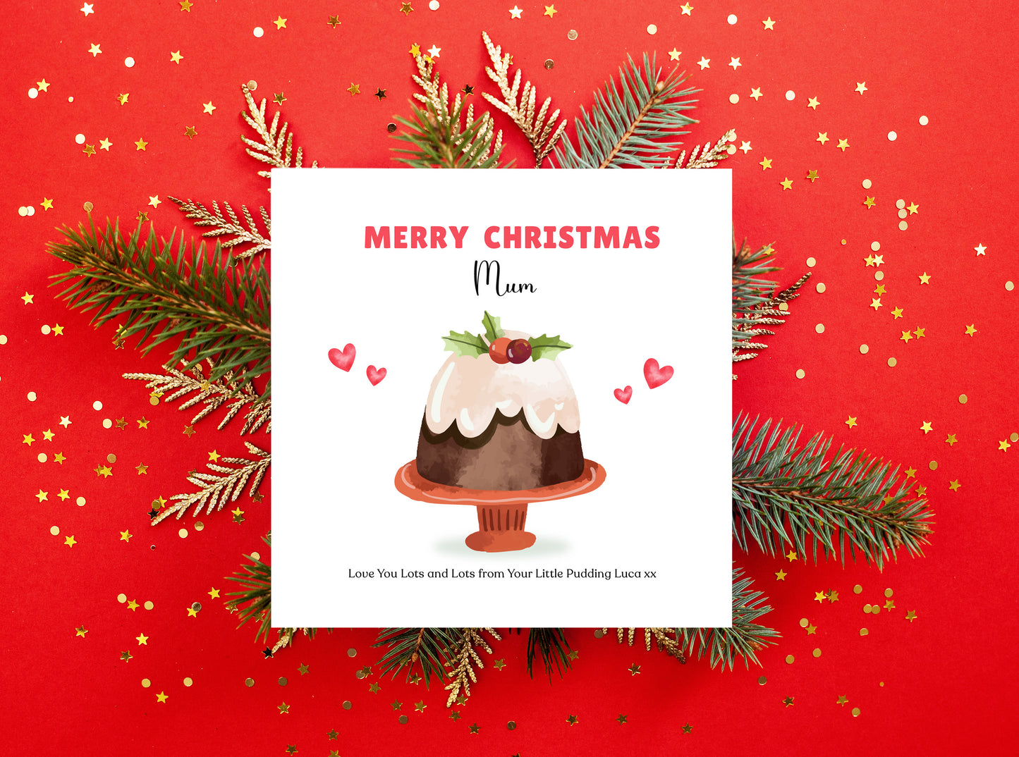 Personalised Christmas Card – Cute Xmas Pudding Design – Funny Festive Card – Customised Name and Message, Xmas Card for Mum, Dad, Boyfriend, Girlfriend, Loved One – Red Envelope Included