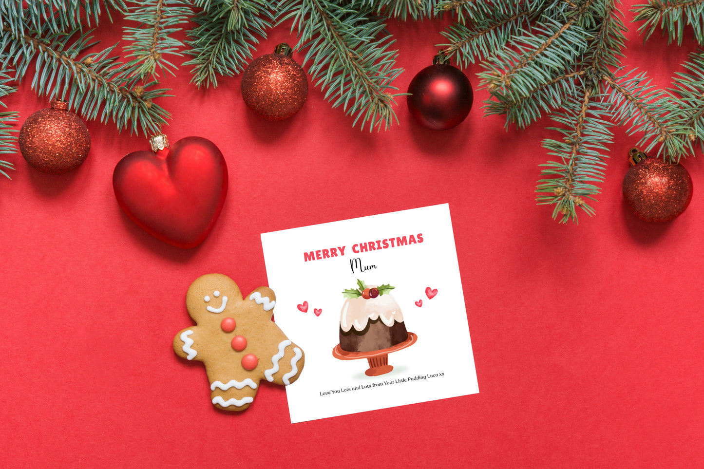 Personalised Christmas Card – Cute Xmas Pudding Design – Funny Festive Card – Customised Name and Message, Xmas Card for Mum, Dad, Boyfriend, Girlfriend, Loved One – Red Envelope Included