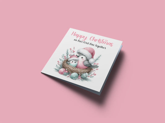 First 1st Christmas Card for New Mum, Baby Boy or Baby Girl - Cute Robin Birds Design – New Mum Mummy, Son, Daughter Xmas Card - Pink Envelope Included