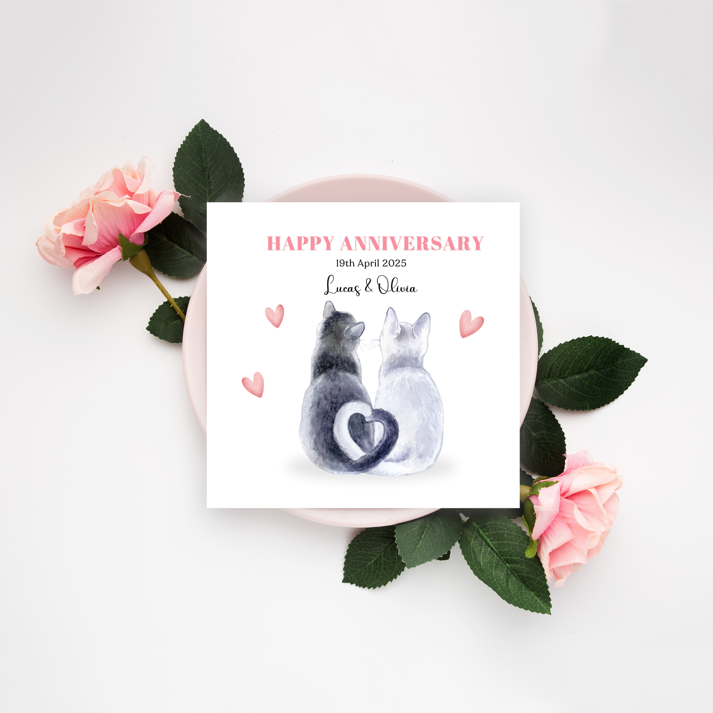 Personalized Wedding Anniversary Card – Cute Cat Couple Design with Customised Names and Date– for Couples, Husband, Wife, Loved Ones, Relationship, Engagement, 1st Date – Pink Envelope Included