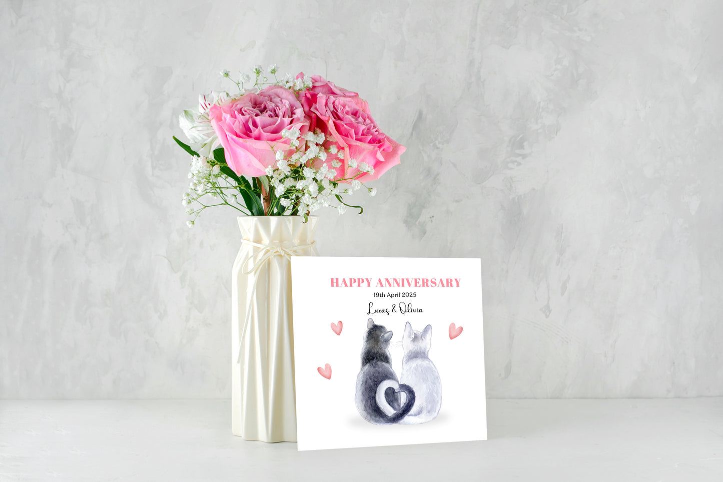 Personalized Wedding Anniversary Card – Cute Cat Couple Design with Customised Names and Date– for Couples, Husband, Wife, Loved Ones, Relationship, Engagement, 1st Date – Pink Envelope Included