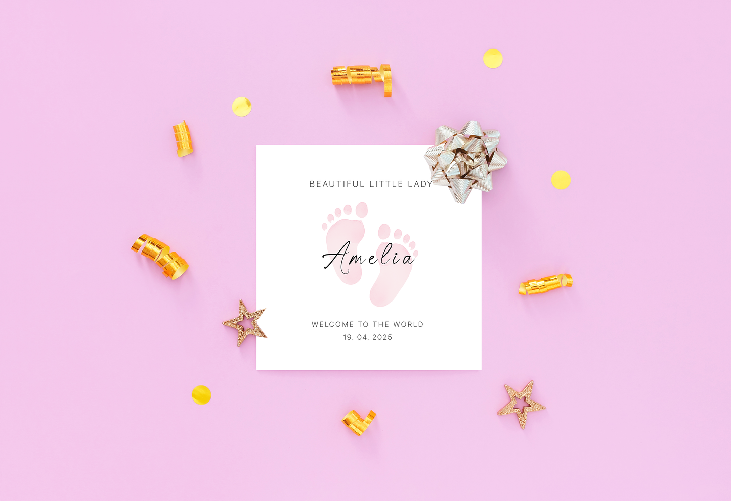 Personalised New Baby Card for Baby Girl, Welcome To The World Newborn Card, Baby Shower for Daughter, Granddaughter, Niece, Baby Feet Design with Customised Name &Date - Pink Envelope Included