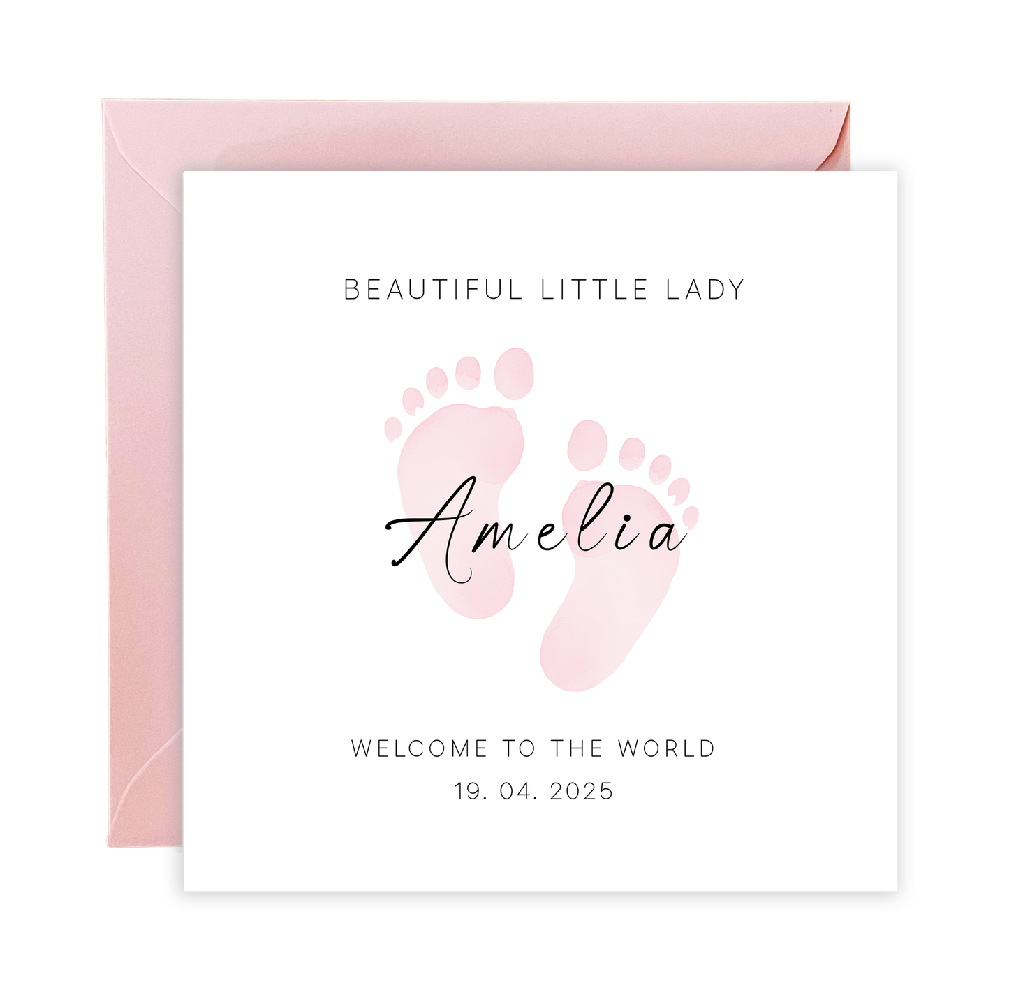 Personalised New Baby Card for Baby Girl, Welcome To The World Newborn Card, Baby Shower for Daughter, Granddaughter, Niece, Baby Feet Design with Customised Name &Date - Pink Envelope Included