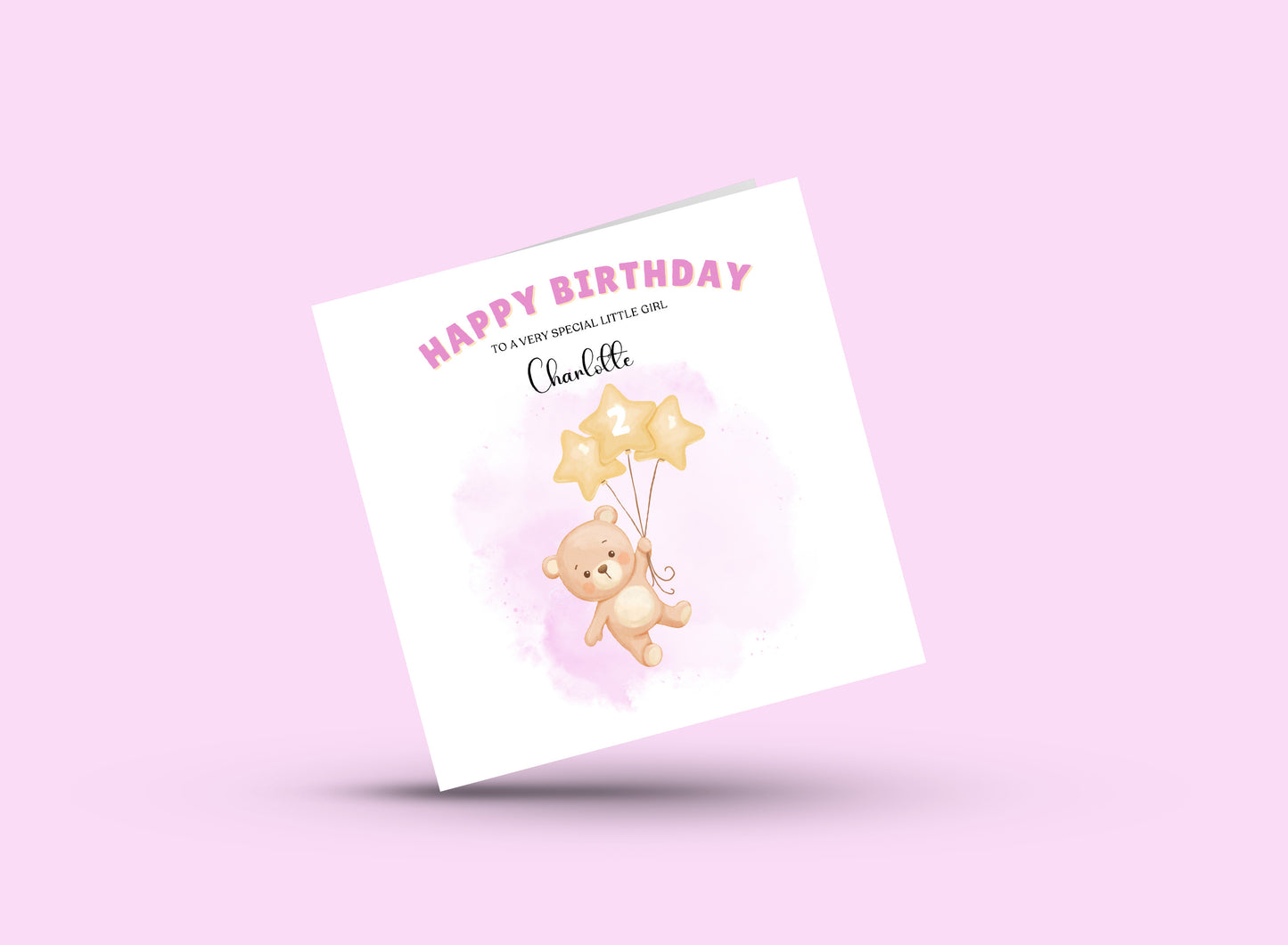 Bear with Star Balloon -Personalised Birthday Folded Card for Girls, Custom Name and Message Happy Birthday Card, Any Age Birthday, 1st 2nd 3rd 4th 5th 6th 7th 8th 9th 10th, Customisable Birthday Card for Children