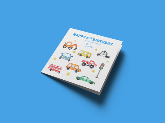 Personalised 6th Birthday Card for Boys – Car Digger Bus Design with Custom Name and Message, Age 6 Years Old Birthday Card for Kids, Children, Boy, Son, Grandson, Nephew– Blue Envelope Included