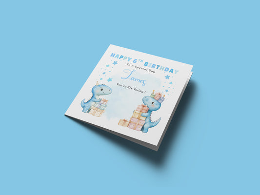 Personalised 6th Birthday Card for Boys – Cute Dinosaurs Design with Custom Name and Message – Age 6 Years Old Birthday Card for Boys, Kids, Son, Grandson, Nephew – Blue Envelope Included