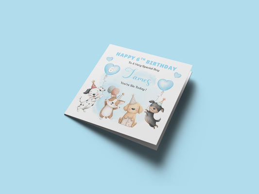 Personalised 6th Birthday Card for Boys – Cute Puppy Dogs Design with Custom Name and Message, Age 6 Years Old Birthday Card for Kids, Children, Boy, Son, Grandson, Nephew– Blue Envelope Included