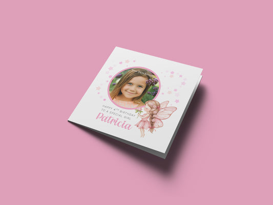 Personalised Photo 4 Years Old 4th Birthday Card for Girls – Fairy Design with Custom Name & Message - Age 4 Magical Birthday Card for Kids Daughter Granddaughter Niece with Pink Envelope