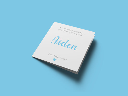 Personalised 6th Birthday Card for Boys – Minimalist Design with Custom Name, Birthday and Message, Age 6 Years Old Birthday Card for Kids, Children, Boy, Son, Grandson, Nephew– Blue Envelope Included