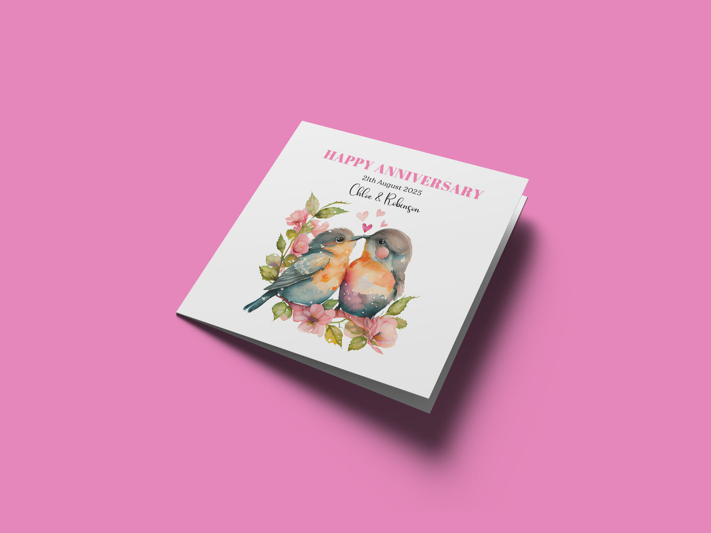 Personalized Wedding Anniversary Card – Cute Robin Couple Design with Customised Names and Date– for Couples, Husband, Wife, Relationship, Engagement, 1st Date – Pink Envelope Included