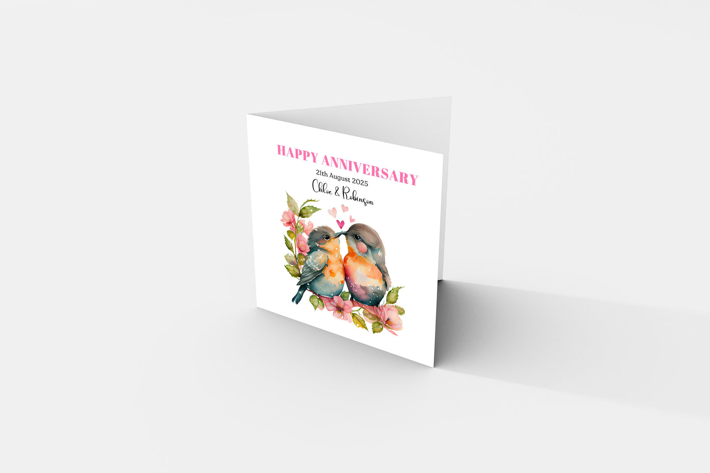 Personalized Wedding Anniversary Card – Cute Robin Couple Design with Customised Names and Date– for Couples, Husband, Wife, Relationship, Engagement, 1st Date – Pink Envelope Included