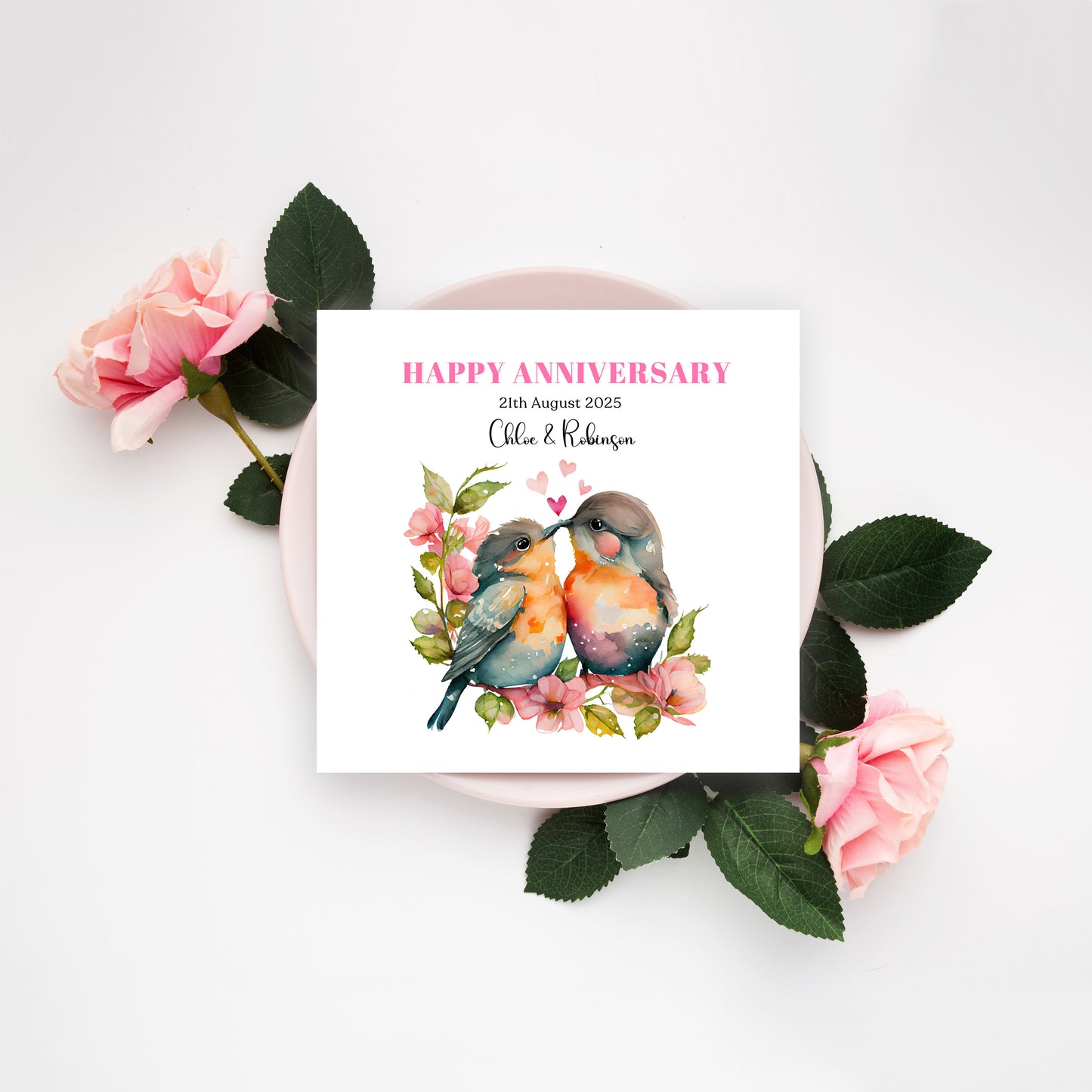 Personalized Wedding Anniversary Card – Cute Robin Couple Design with Customised Names and Date– for Couples, Husband, Wife, Relationship, Engagement, 1st Date – Pink Envelope Included