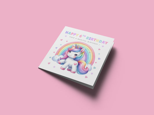 Magical Birthday Card for 6 Years Old 6th Birthday Girls – Sweet Unicorn and Rainbow Design - Age 6 Birthday Card for Kids Children Daughter Granddaughter Niece - Purple Envelope Included