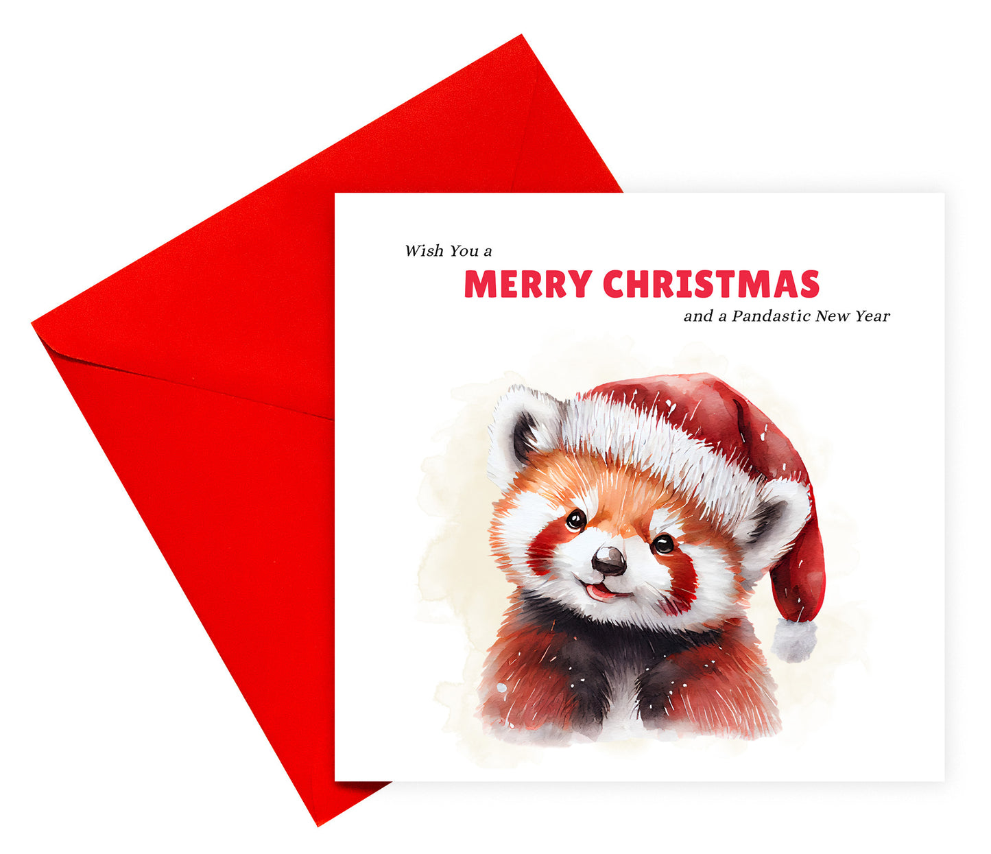 Red Panda Christmas Card β Funny Pun Xmas Card β Wish You a Merry Christmas and a Pandastic New Year β Watercolor Animal Greeting Card for Friends, Family, Kids, Coworkers β Red Envelope Included