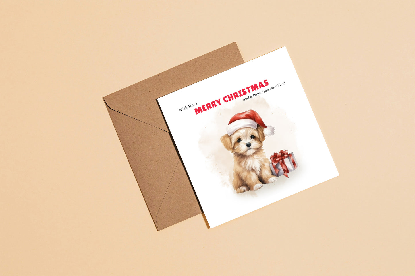Puppy Christmas Card β Funny Pun Xmas Card β Wish You a Merry Christmas and a Pawsome New Year β Watercolor Animal Greeting Card for Friends, Family, Kids, Dog Lovers β Kraft Envelope Included
