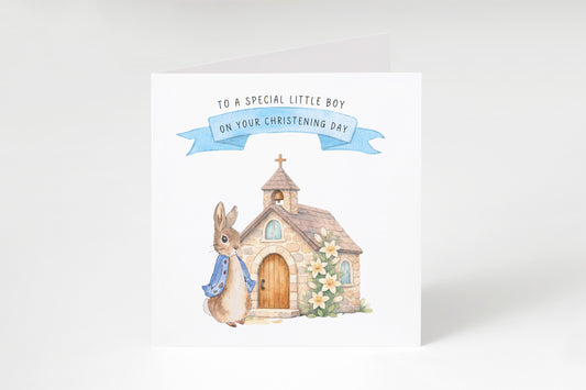 Christening Day Card for Boy – Cute Bunny & Church Design – To A Special Little Boy Baptism Christening Card for Boys, Son, Grandson, Nephew with Blue Envelope
