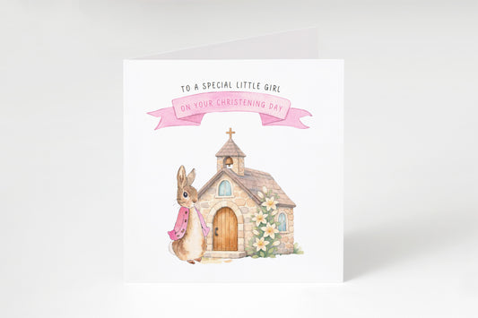 Christening Day/ Baptism Card for Girl – Cute Bunny & Church Design – To a Special Little Girl Baptism Card Christening Card for Girls, Daughter, Granddaughter, Niece with Pink Envelope