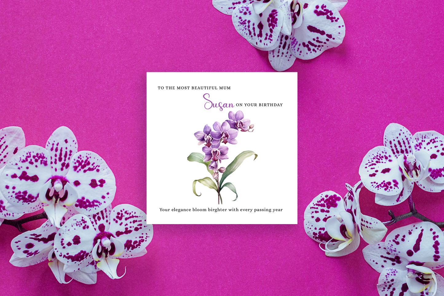 Personalised Mum Birthday Card – Elegant Orchid Flower Design – Custom Name & Message – Handmade Floral Watercolour Card for Mother, Mummy, Mam – Purple Envelope Included
