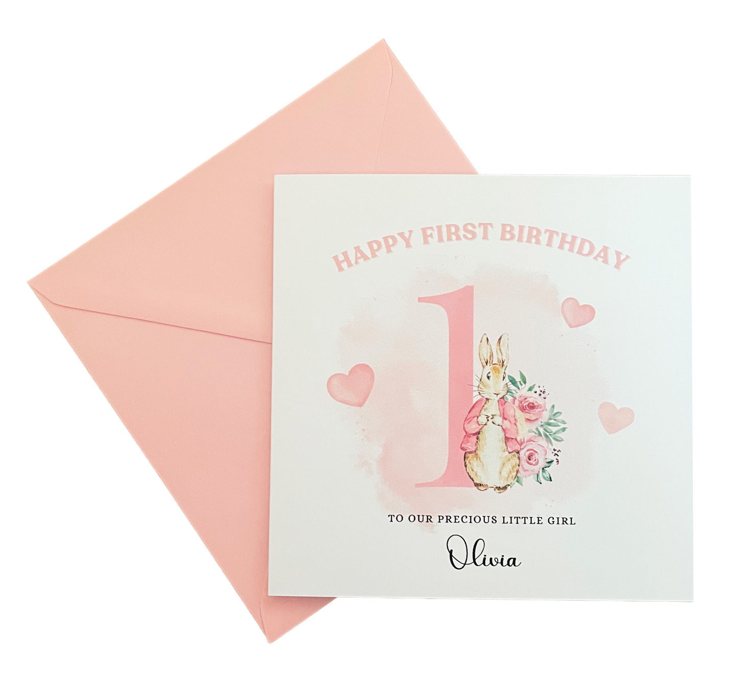 Pink Rabbit -Personalised Watercolour Effect 1 Year Birthday Folded Card for Girls, Custom Name and Message One- Year Old Happy 1st Birthday Card, Customisable Birthday Card for Children