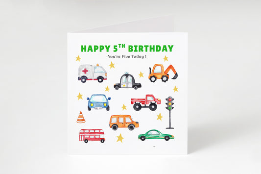 Cute Vehicles 5th Birthday Card for Boys - Transport Theme Birthday Card for Age 5 Years Old Kids, Children, Boy, Son, Grandson, Nephew – Green Envelope Included