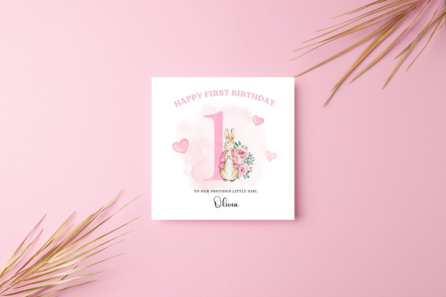 Pink Rabbit -Personalised Watercolour Effect 1 Year Birthday Folded Card for Girls, Custom Name and Message One- Year Old Happy 1st Birthday Card, Customisable Birthday Card for Children