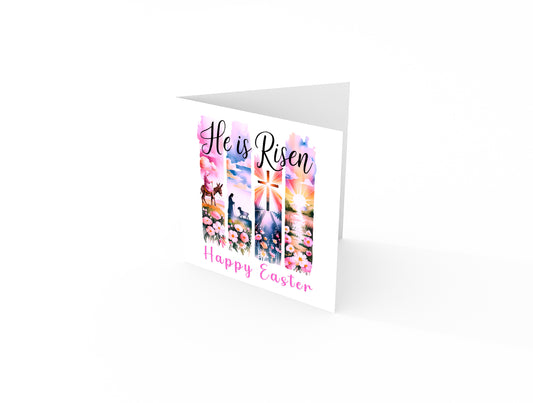 Christian Happy Easter Card – He Is Risen - Religious Easter Card with Cross and Sunrise Design– Faith Easter Greeting Card for Church, Christians, Friends, Family, Loved Ones - Pink Envelope Included
