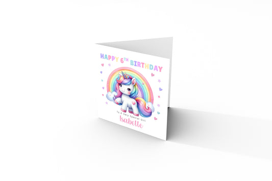 Personalised 6 Years Old 6th Birthday Card for Girls – Magical Unicorn Design with Custom Name & Message - Age 6 Birthday Card for Kids Children Daughter Granddaughter Niece - Purple Envelope Included