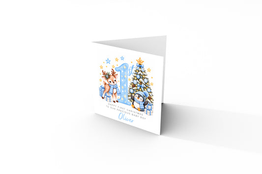 Personalised Baby Boy's 1st Christmas Card – Reindeer & Penguin
